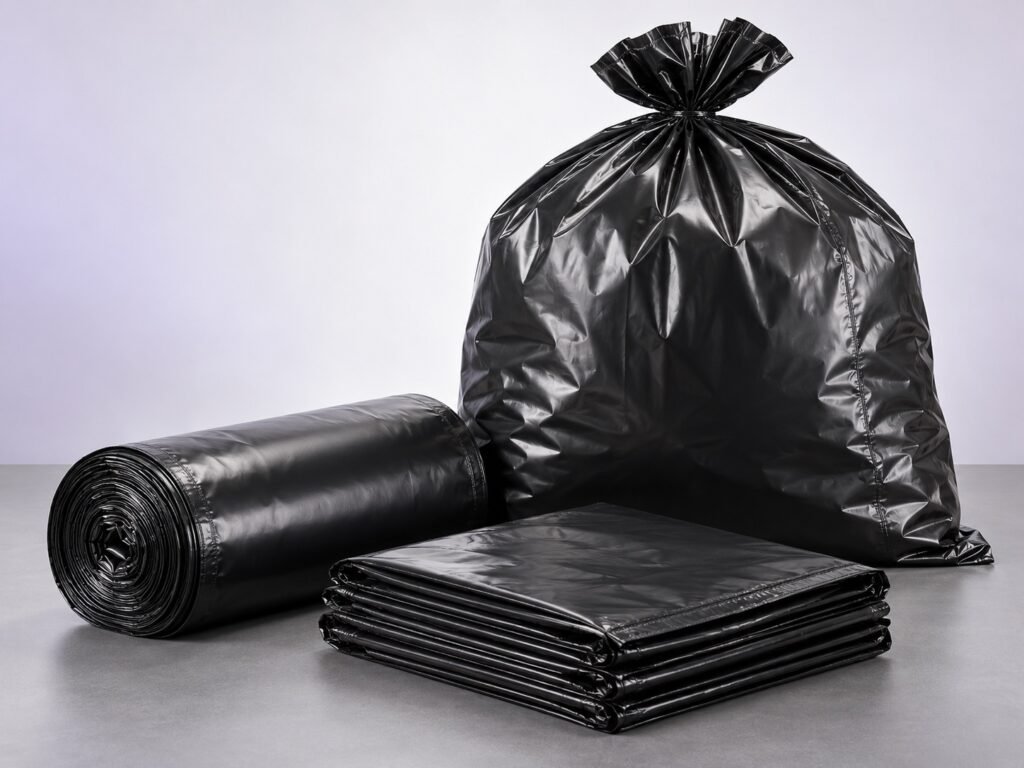 Чорні мішки для сміття в рулоні, складеній стопці та із зав’язаним верхом